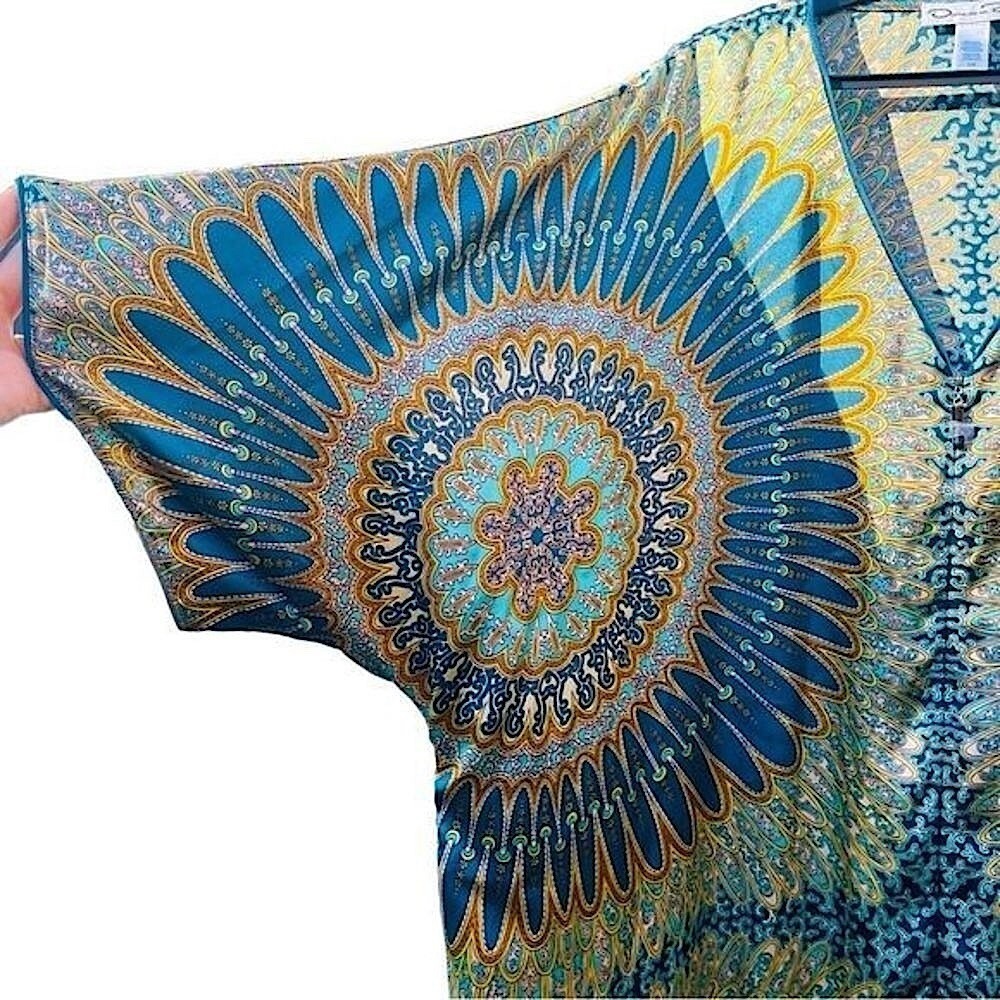 Oscar de la Renta Blue Gold Mandala Zip Front‎ V-Neck 2 Pocket Caftan  SZ 2X NEW - Picture 12 of 15